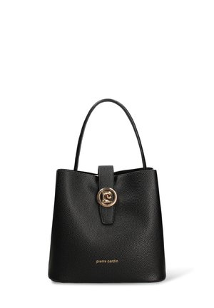 Black leather handbag with a textured finish, a round gold clasp, and a front strap. Sturdy handles and a minimalist design.