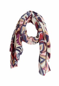 Bufanda con patrón que presenta diseños en espiral en tonos de rojo, rosa, azul marino y crema, hecha de un tejido suave con bordes con flecos.