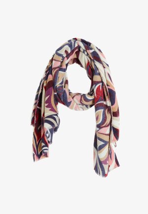 Bufanda con patrón que presenta diseños en espiral en tonos de rojo, rosa, azul marino y crema, hecha de un tejido suave con bordes con flecos.