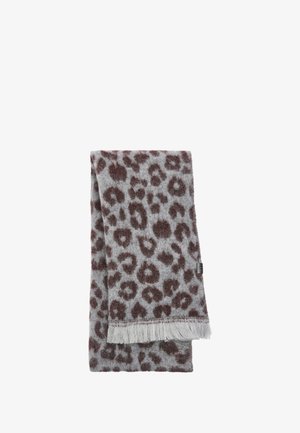 Szary szalik z brązowym nadrukiem w panterkę, wykończony frędzlami. Wykonany z miękkiego, fakturowanego materiału zapewniającego ciepło.