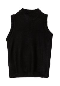 Chaleco sin mangas de punto negro con cuello, sisas y dobladillo de canalé, mostrado de forma plana desde la parte posterior sobre un fondo blanco.