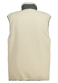 Cremfarbener ärmelloser Fleece-Weste mit einer weichen Textur, ausgestattet mit einem hohen Kragen und kontrastierendem dunkelgrünem Innenfutter.