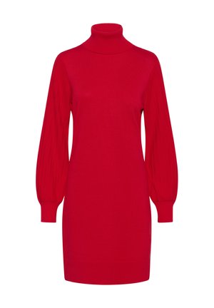 Rochie tricotată roșie cu guler înalt și mâneci lungi, texturate, tip puff. Partea de sus este netedă, ajustată la talie, cu mansete și tiv cu rigle.