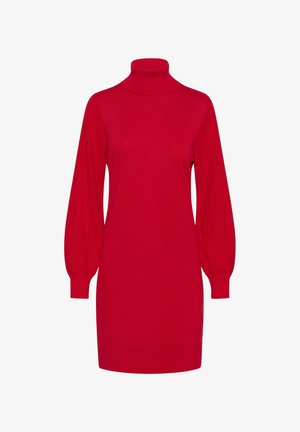 Crvena pletena haljina s visokim ovratnikom i dugim, teksturiranim puf rukavima. Glatko tijelo, prilagođena u struku, rebrasti manžeti i rub.