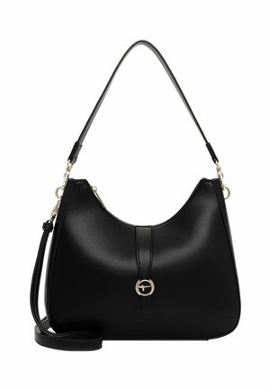Black leather shoulder bag with a curved top, gold circular clasp on front, and detachable long strap with silver hardware.