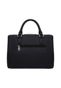 Borsa tote in pelle nera a grana con doppi manici, un compartimento principale con zip e una tasca frontale con zip. Presenta dettagli in metallo color argento.