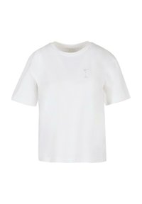 White cotton t-shirt with short sleeves, round neck, featuring a small, light gray embroidered cocktail glass on the left chest area.