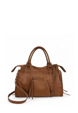 Sac à main en cuir marron avec deux poignées, bandoulière amovible, finition texturée, poche avant et détail décoratif à franges.