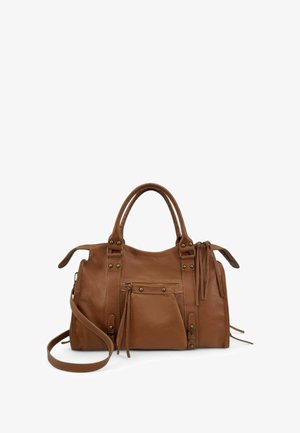 Sac à main en cuir marron avec deux poignées, bandoulière amovible, finition texturée, poche avant et détail décoratif à franges.