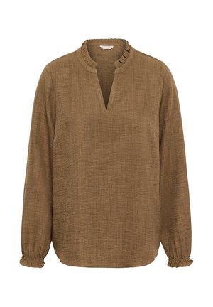 Blusa marrone a maniche lunghe realizzata in tessuto strutturato. Presenta un collo arricciato, un'apertura frontale parziale e polsini arricciati per una vestibilità comoda.
