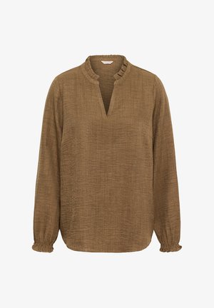 Blusa marrone a maniche lunghe realizzata in tessuto strutturato. Presenta un collo arricciato, un'apertura frontale parziale e polsini arricciati per una vestibilità comoda.