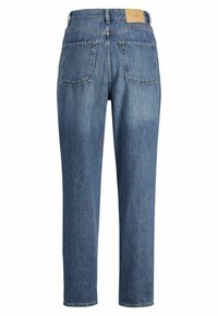 Denim-Jeans in einem mittleren Blauton, mit geradem Bein, zwei Gesäßtaschen und einem hellbraunen Etikett am hinteren Bund.