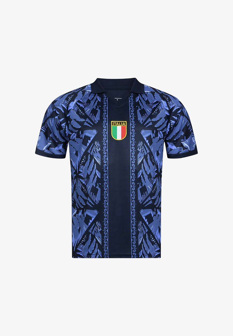 Dark blue short-sleeve jersey with abstract lighter blue patterns, black collar, and Italy crest featuring a yellow "Italia" and tricolor shield.