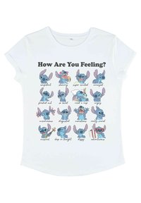 Biała koszulka z krótkim rękawem z wieloma kolorowymi ilustracjami postaci Stitch z różnymi wyrazami twarzy oraz napisem "Jak się czujesz?"