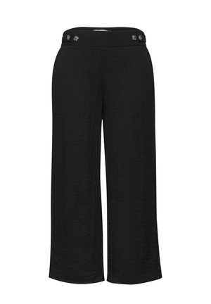 Schwarze weite, gekürzte Hose mit hoher Taille und Knopfdetails auf schlichtem weißen Hintergrund.