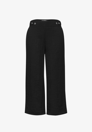 Schwarze weite, gekürzte Hose mit hoher Taille und Knopfdetails auf schlichtem weißen Hintergrund.