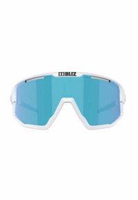 Occhiali da sole sportivi bianchi con un ampio design avvolgente e lenti blu. Nome del marchio "BLIZ" sulla parte superiore della montatura.