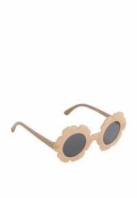 Ochelari de soare rotunzi cu un cadru bej în formă de floare și lentile întunecate, realizate dintr-un material plastic neted. Design ușor și modern.