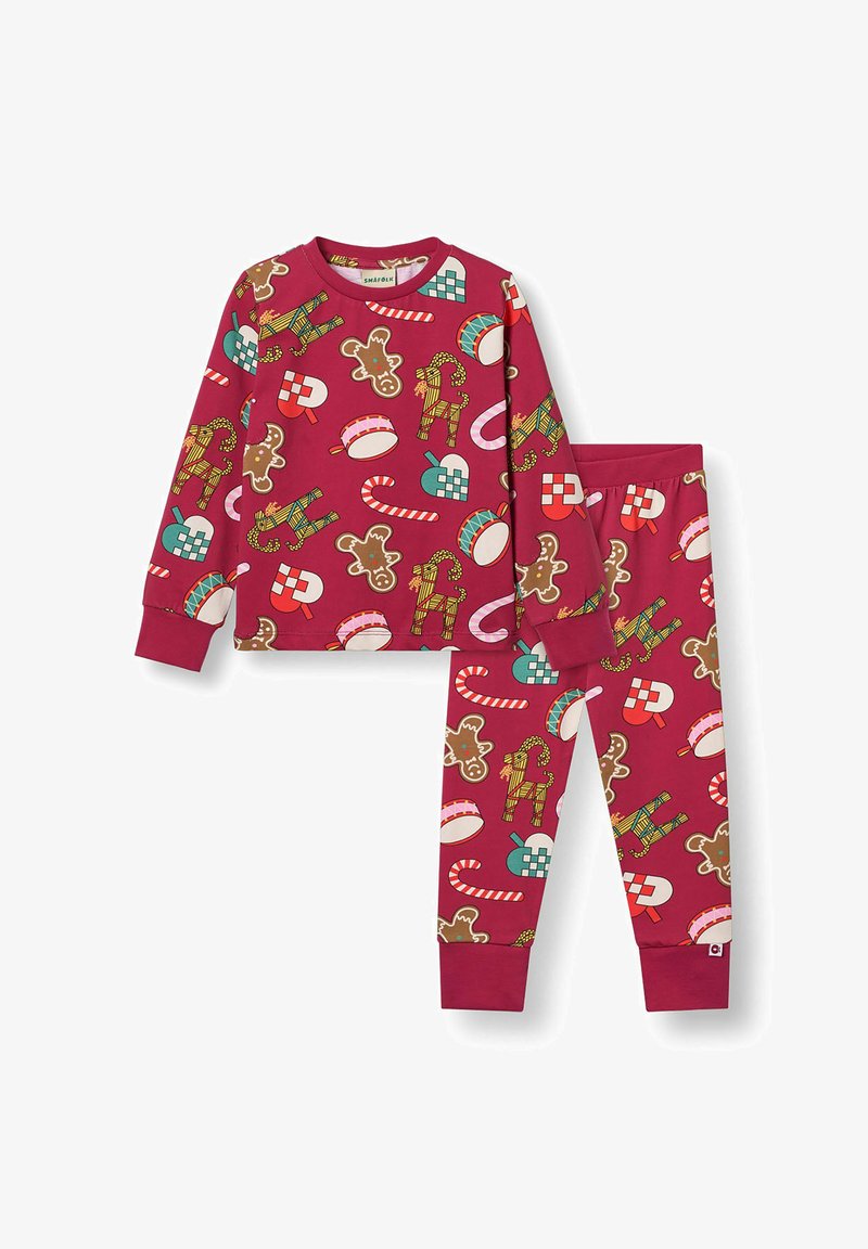 Red long-sleeve pajama top and matching pants featuring a festive pattern of gingerbread cookies, candy canes, and ornaments.