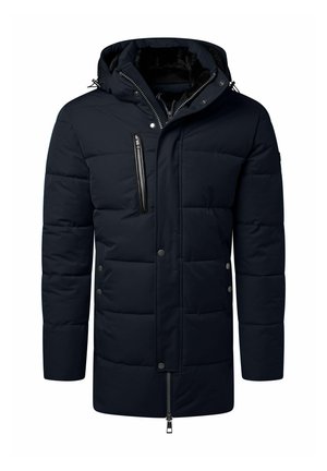 Marineblauer Puffer-Jacke mit Kapuze, gestepptem Design, Frontreißverschluss und Druckknopfverschlüssen sowie einer mit Reißverschluss versehenen Brusttasche, ausgestattet mit glattem Material und einem warmen Futter.