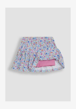 Sukienka w kwiaty w jasnoniebieskim kolorze, z kolorowymi wzorami kwiatowymi. Marszczony elastyczny pas z warstwowym designem. Zawiera różową spódniczkę krótką pod spodem.