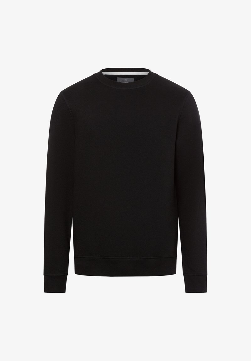 Schwarzer Hoodie, aus weichem Stoff gefertigt, mit Rundhals, langen Ärmeln und gerippten Bündchen und Saum für einen enganliegenden Look.