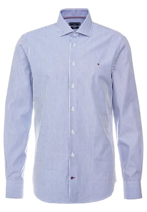 Chemise habillée homme à manches longues avec rayures verticales bleues et blanches, devant boutonné et petit logo sur la poitrine et en bas devant.