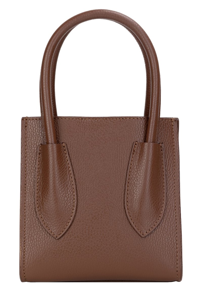 Borsa a spalla in pelle marrone con due manici arrotondati, superficie testurizzata e lati lisci, caratterizzata da cuciture pronunciate e dettagli tagliati a forbice.