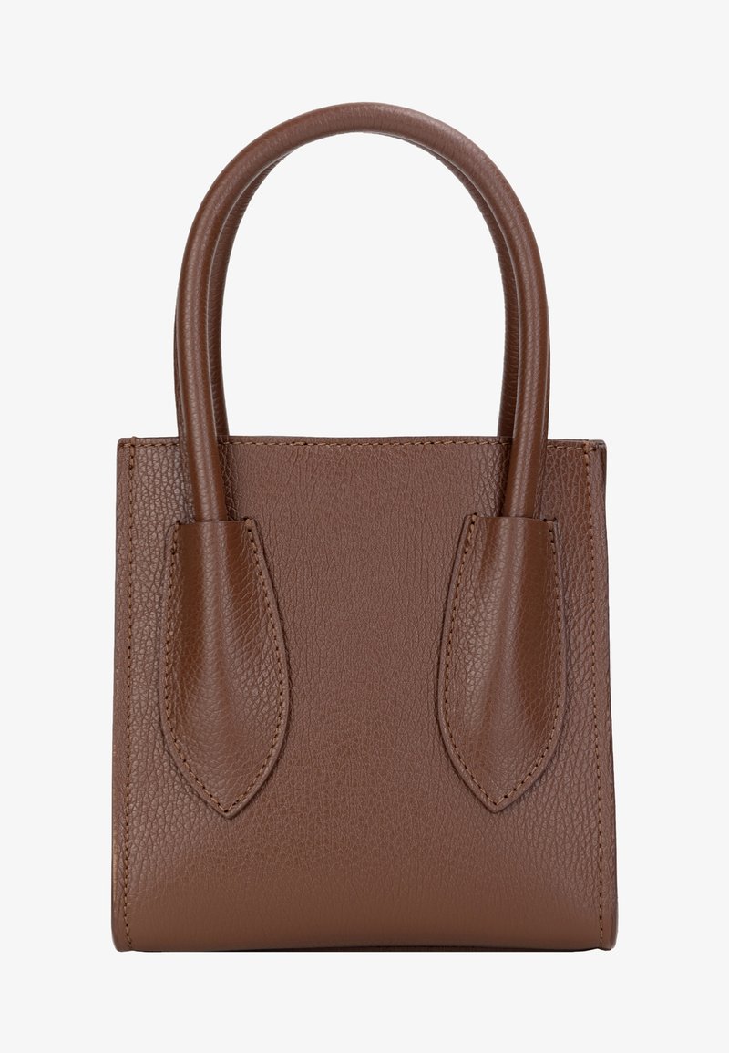 Bruine leren tote bag met twee ronde handvatten, gestructureerd oppervlak en gladde zijkanten, met opvallende stiksels en schaargeknipte accenten.