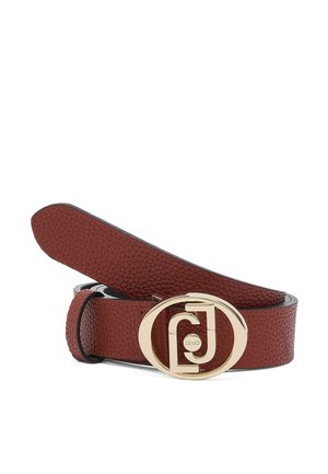 Ceinture en cuir marron texturé avec une boucle ovale dorée arborant un logo designer entrelacé et le nom de la marque Liu Jo.