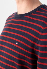 Pull bleu marine avec des rayures rouges horizontales et un petit logo rectangulaire rouge, blanc et bleu sur la poitrine, porté par une personne.