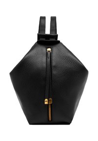 Borsa in pelle nera con una forma geometrica unica, dotata di una chiusura centrale con zip dorata e due tracolle regolabili. Superficie testurizzata.