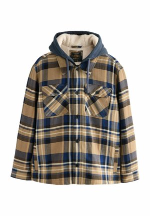 Flannel jacket with brown, blue, and beige plaid pattern. Features a blue hood, two chest pockets, and a soft white lining.