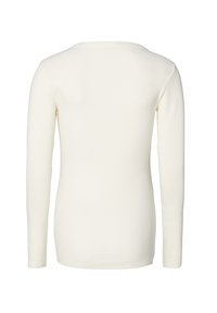 Ein einfarbiges, cremefarbenes, langärmliges Ripp-Shirt von hinten gezeigt, mit rundem Ausschnitt und figurbetontem Schnitt.
