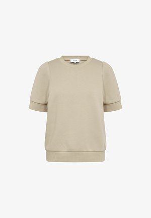 Maglione beige a maniche corte con maniche a sbuffo, polsini e orlo a coste, e scollo tondo su sfondo bianco neutro.