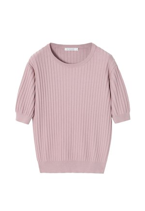 Short-sleeve, ribbed sweater in soft pink, featuring a round neckline and a relaxed fit. Made from a smooth knit fabric.