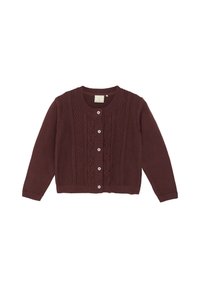 Burgunderfarbener Cardigan mit langen Ärmeln, Knopfverschluss, strukturiertem Strickmuster und rundem Ausschnitt; verfügt über dekorative Nähte entlang der Vorderseite.