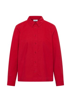 Camicia rossa con bottoni, realizzata in tessuto testurizzato, con colletto classico, maniche lunghe e una fila di bottoni frontali, con orlo dritto.