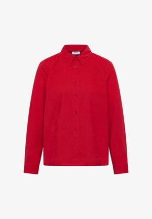 Rotes Hemd mit Knöpfen aus strukturiertem Stoff, mit einem klassischen Kragen, langen Ärmeln und einer Reihe von Knöpfen auf der Vorderseite, mit geradem Saum.