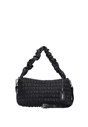 Black bag with ruching texture, featuring a gathered handle and an adjustable strap. Made from fabric with a smooth finish and metal accents.