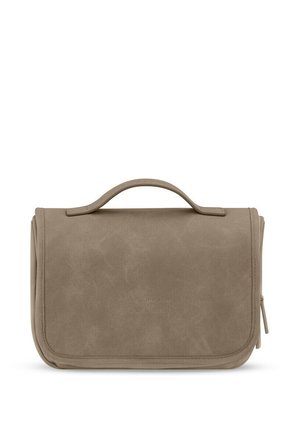 Kompakte taupefarbene Leder-Kosmetiktasche mit Tragegriff oben und vorderem Klappverschluss, geprägt mit dem Markennamen Kapten & Son.