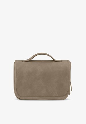 Kompakte taupefarbene Leder-Kosmetiktasche mit Tragegriff oben und vorderem Klappverschluss, geprägt mit dem Markennamen Kapten & Son.