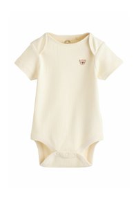 Body pentru bebeluși cu mâneci scurte, din material reiat, în galben pal, cu o broderie mică a unui urs pe piept. Are capse la partea de jos.