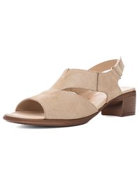Beige suede open-toe women’s sandal with low block heel and adjustable back strap on white background.