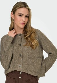 Cardigan en laine marron avec un col rond, fermeture à bouton, poche avant et poignets côtelés. Texture douce avec une silhouette décontractée.