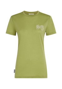 Kortärmad t-shirt med rund hals i ljus olivgrön, med en vit cykelgrafik på vänster br�öst och en vävd etikett på sidan.