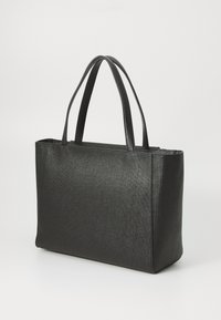 Black tote bag with a textured finish, rectangular shape, two sturdy handles, and a structured body. Suitable for daily use.
