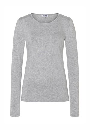 Langarm-Graues T-Shirt aus weichem Stoff mit rundem Ausschnitt und figurbetonendem Design, das eine glatte Textur und einen schlichten Stil aufweist.