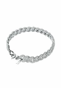 Bracciale d'argento con un design intrecciato e più collegamenti, adornato con piccoli e scintillanti pietre per un tocco in più. Chiusura con gancio rotondo.