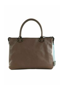 Sac en cuir marron avec une surface texturée, des poignées arrondies et des accessoires noirs. Il dispose d'une fermeture éclair et d'un accent décoratif bleu.